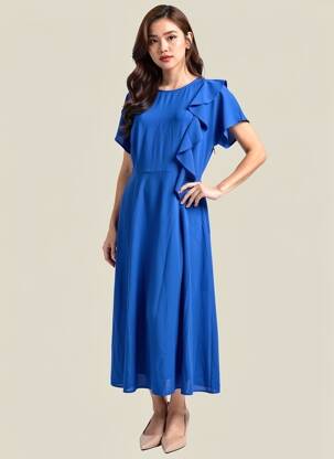 Robe mi-longue coupe fluide manches courtes bleu ESSENTIEL ANTWERP femme