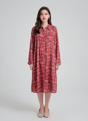Robe mi-longue imprimé fantaisie manches longues rouge BELLA JONES femme