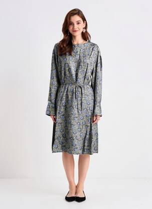 Robe mi-longue imprimé fantaisie manches longues bleu CHLOÉ STORA femme