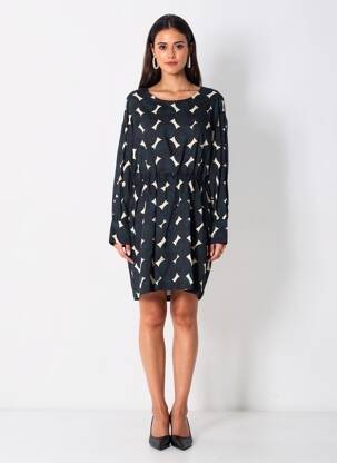 Robe mi-longue imprimé fantaisie manches longues bleu CHLOÉ STORA femme