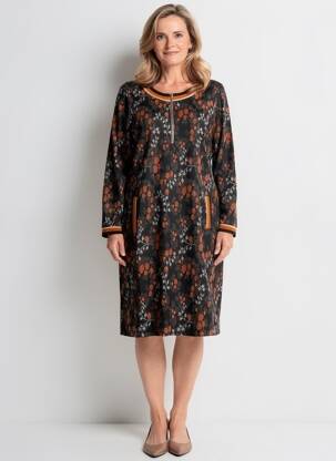 Robe mi-longue imprimé fleurs manches longues marron GUY DUBOUIS femme