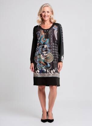 Robe mi-longue imprimé fantaisie manches longues noir GUY DUBOUIS femme