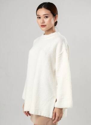 Pull tunique stretch manches longues blanc CREAM femme