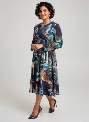 Robe mi-longue imprimé fantaisie manches longues bleu GEVANA femme
