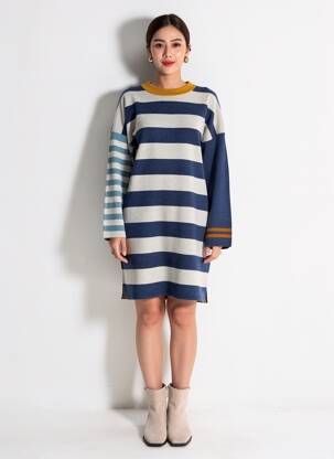 Robe pull tissage chiné manches longues bleu WHITE STUFF femme
