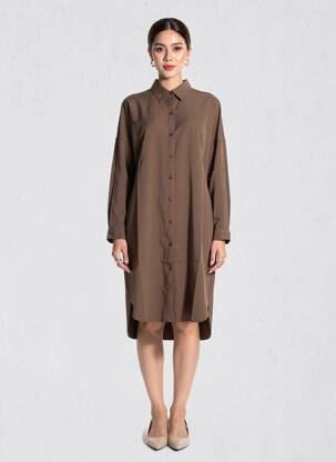 Robe mi-longue manches longues manches longues marron BUBBLEE femme