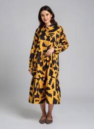 Robe mi-longue imprimé fantaisie manches longues jaune BUBBLEE femme