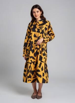 Robe mi-longue imprimé fantaisie manches longues jaune BUBBLEE femme