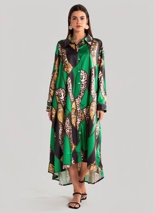 Robe mi-longue coupe fluide manches longues vert BUBBLEE femme