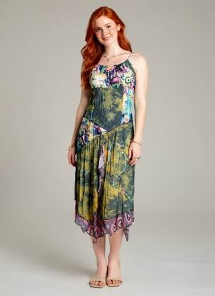 Robe mi-longue imprimé fleurs fines bretelles vert DISLAY femme