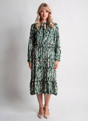 Robe mi-longue imprimé fantaisie manches longues vert ROSA FASHION femme