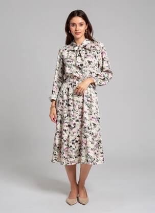 Robe mi-longue imprimé fantaisie manches longues gris ROSA FASHION femme