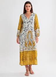 Robe longue tissage popeline manches 3/4 jaune ROSA FASHION femme