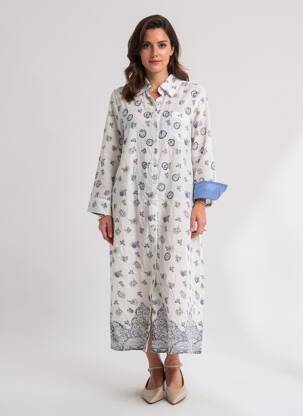 Robe mi-longue imprimé fleurs manches longues blanc ICONIQUE femme