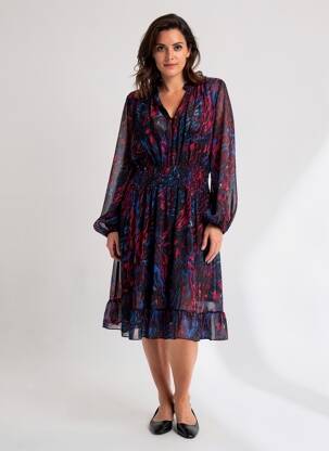 Robe mi-longue imprimé fantaisie manches longues noir COULEURS DU TEMPS femme