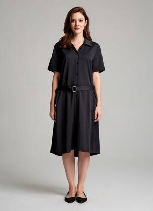 Robe mi-longue manches courtes manches courtes noir HBT femme