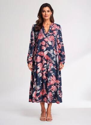 Robe mi-longue imprimé fantaisie manches longues bleu CULTURE femme