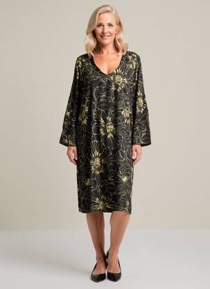 Robe mi-longue imprimé fantaisie manches longues noir POISSONS BLANCS femme