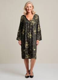 Robe mi-longue imprimé fantaisie manches longues noir POISSONS BLANCS femme