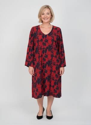 Robe mi-longue imprimé fantaisie manches longues rouge POISSONS BLANCS femme