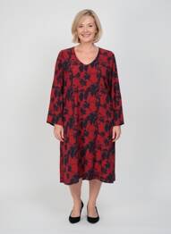 Robe mi-longue imprimé fantaisie manches longues rouge POISSONS BLANCS femme