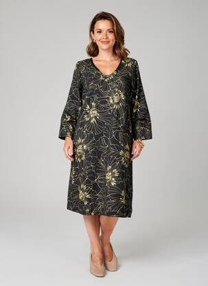 Robe mi-longue imprimé fantaisie manches longues noir POISSONS BLANCS femme