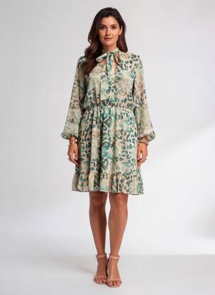 Robe mi-longue imprimé fantaisie manches longues beige EGO femme