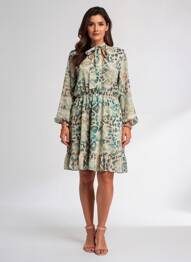 Robe mi-longue imprimé fantaisie manches longues beige EGO femme