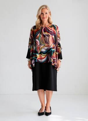 Robe mi-longue imprimé fantaisie manches longues noir GREGORY PAT femme