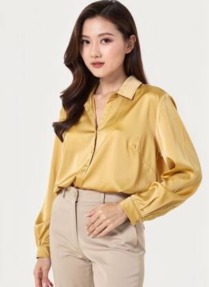 Chemisier coupe droite manches longues jaune HBT femme