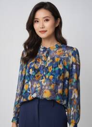 Blouse imprimé fantaisie manches longues bleu JULIE GUERLANDE femme