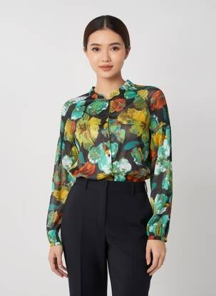 Chemisier imprimé fantaisie manches longues noir B.YOUNG femme