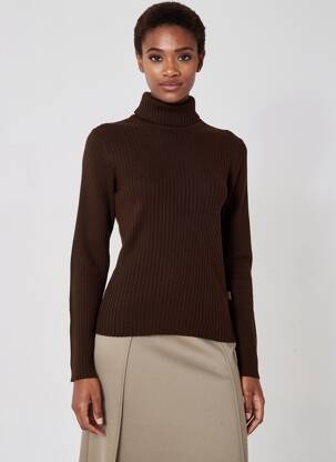 Pull col roulé tissage côtelé manches longues marron CEDIXSEPT femme