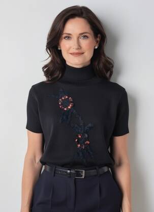 Pull col roulé coupe cintrée manches courtes noir KATMAI femme