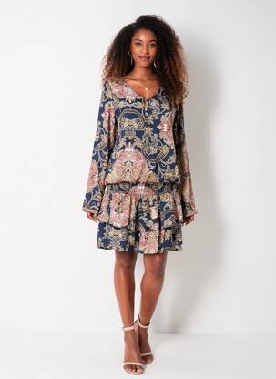 Robe mi-longue imprimé fantaisie manches longues bleu MISMASH femme
