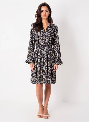 Robe mi-longue imprimé fleurs manches longues bleu KAPORAL femme