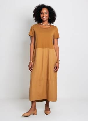 Robe longue manches courtes manches courtes marron BLANC BOHEME femme
