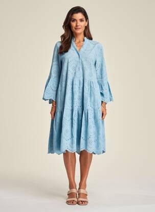 Robe mi-longue manches longues manches longues bleu BLANC BOHEME femme