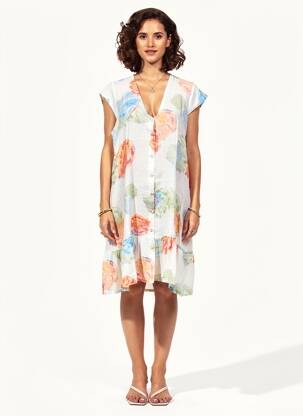 Robe mi-longue imprimé fleurs manches courtes blanc BLANC BOHEME femme
