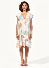 Robe mi-longue imprimé fleurs manches courtes blanc BLANC BOHEME femme