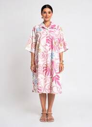 Robe mi-longue imprimé fleurs manches longues rose BLANC BOHEME femme