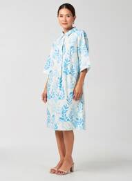 Robe mi-longue imprimé fleurs manches longues bleu BLANC BOHEME femme