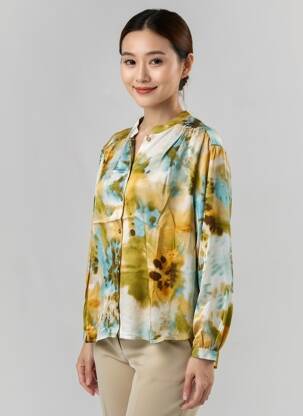 Chemisier coupe droite manches longues vert BLANC BOHEME femme