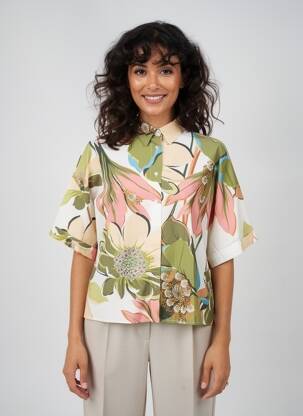 Chemisier imprimé fleurs manches longues vert BLANC BOHEME femme