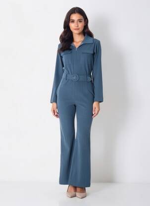 Combi-pantalon col chemisier manches longues bleu LES TROPEZIENNES PAR M.BELARBI femme