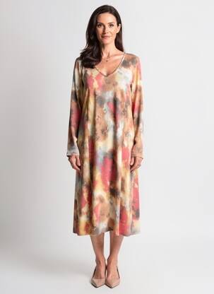 Robe mi-longue imprimé fantaisie manches longues beige GUY DUBOUIS femme