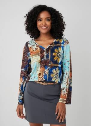 T-shirt imprimé fantaisie manches longues bleu ORIENTIQUE NATURALLY femme