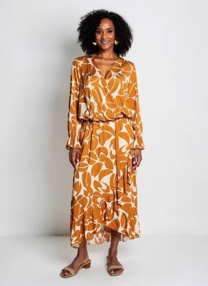 Robe mi-longue imprimé fantaisie manches longues orange COULEURS DU TEMPS femme