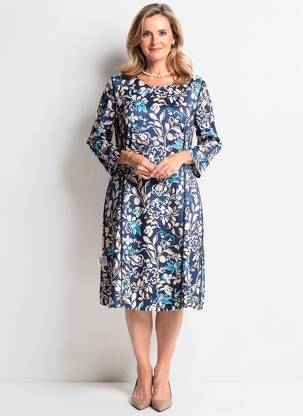 Robe mi-longue imprimé fleurs manches longues bleu GUY DUBOUIS femme