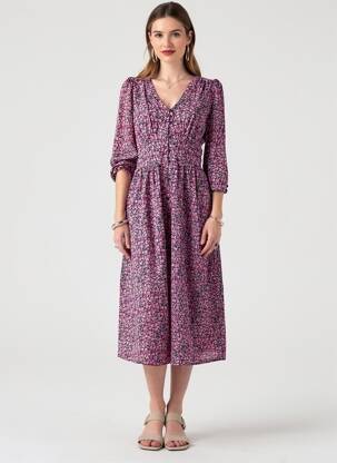 Robe mi-longue imprimé fleurs manches 3/4 rose LA PETITE ETOILE femme